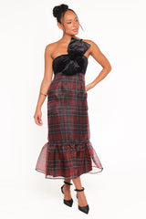 Amelie Bow Front One Shoulder Midi Dress - Red Plaid