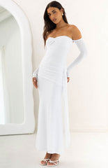 Breanna White Long Sleeve Ruched Maxi Dress
