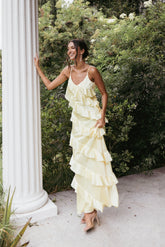 Ciao Ruffles Maxi Satin Dress - Pale Yellow
