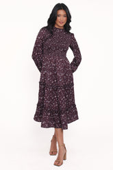 Edwina Shirred Frill Long Sleeve Midi Dress - Plum Floral