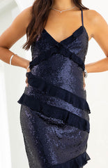 Inara Navy Sequin Ruffle Maxi Dress
