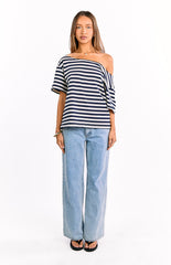 Kaiser Navy Stripe Off Shoulder Oversized Top