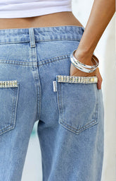 Kavira Light Wash Denim Diamante Trim Low Rise Jeans