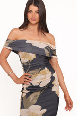Koda Off Shoulder Midi Dress - Black Floral
