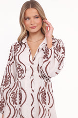 Lira Long Sleeve Midi Dress - Brown Print