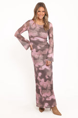 Pandora Long Sleeve Maxi Dress - Pink/Brown Print