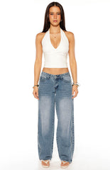 Posey Mid Wash Contrast Seam Wide Leg Jeans