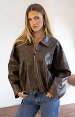 River Vintage Brown PU Bubble Hem Bomber Jacket