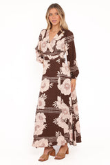 Safia Midi Dress - Brown Floral