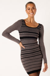 Maika Long Sleeve Mini Dress - Beige Black