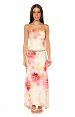 Alora Yellow and Pink Floral Print Hanky Hem Maxi Skirt