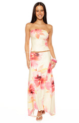 Alora Yellow and Pink Floral Print Hanky Hem Maxi Skirt