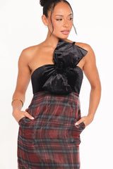 Amelie Bow Front One Shoulder Midi Dress - Red Plaid