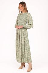 Ashara Long Sleeve Midi Dress - Green Floral