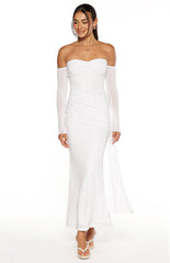 Breanna White Long Sleeve Ruched Maxi Dress