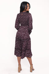 Edwina Shirred Frill Long Sleeve Midi Dress - Plum Floral