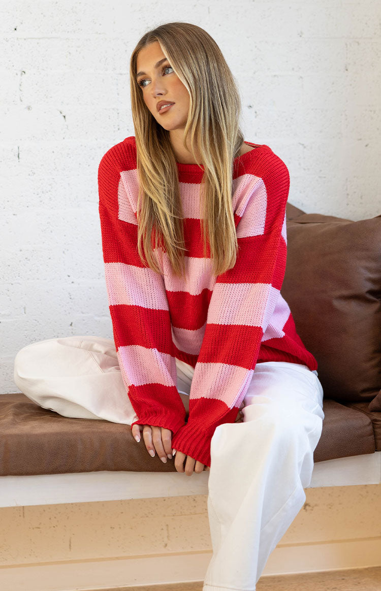 Finley Red and Pink Stripe Off Shoulder Knit Sweater