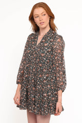 Jinny Long Sleeve Mini Dress - Dark Green/Multi