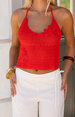 Kiki Red Crochet Flower Halter Top