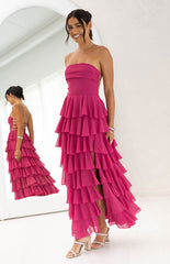 Kim Fuchsia Strapless Ruffle Maxi Dress