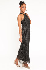 Melody Plisse Halter Maxi Dress - Black/Gold Polka Dot