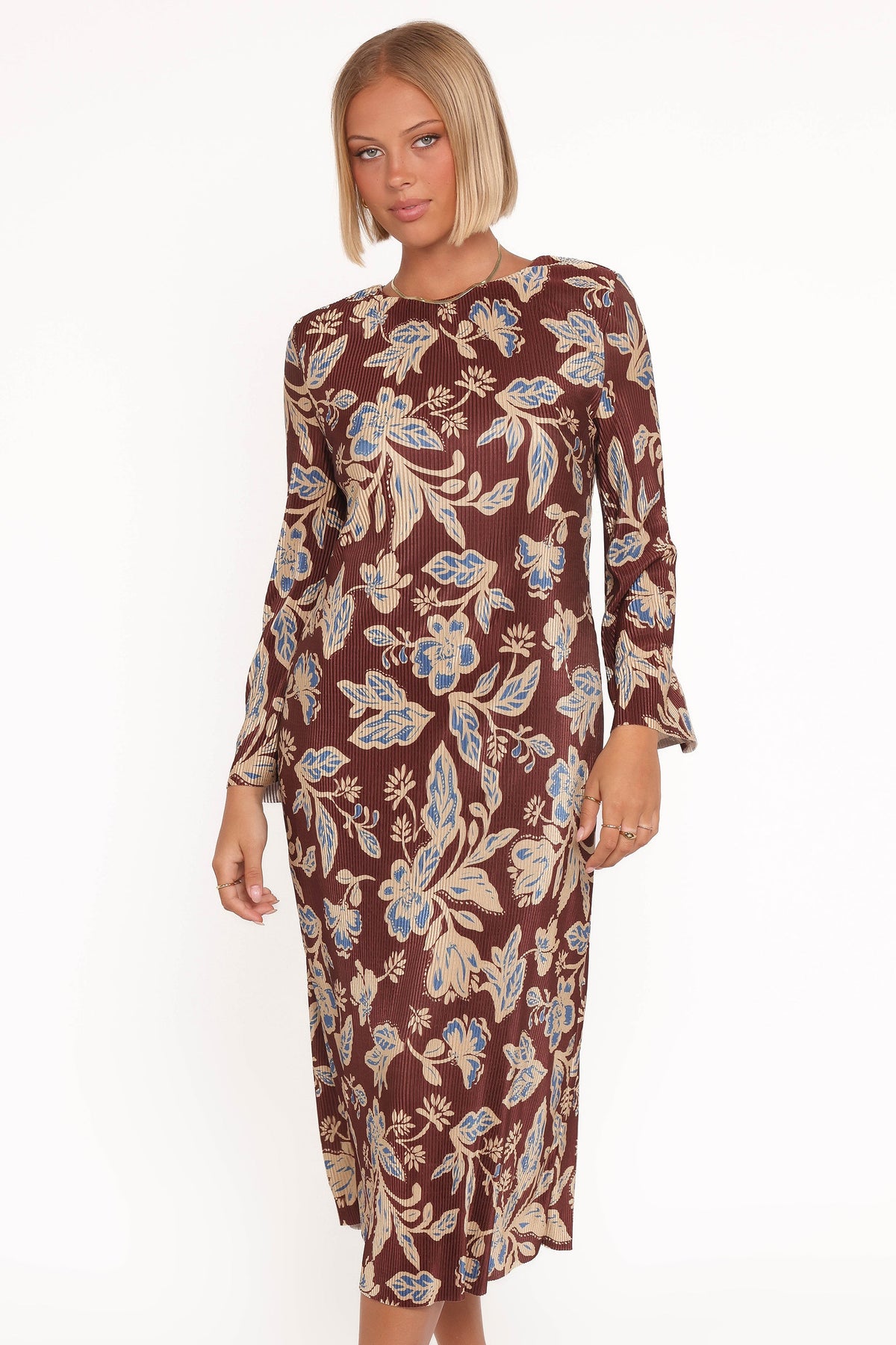 Morena Long Sleeve Midi Dress - Brown Floral