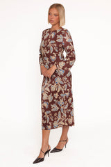 Morena Long Sleeve Midi Dress - Brown Floral