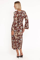Morena Long Sleeve Midi Dress - Brown Floral