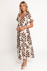 Steele Puff Sleeve Midi Dress - Brown Palm