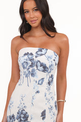 Tamira Strapless Midi Dress - Blue Floral