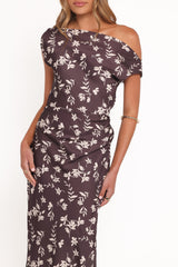 Zafira Midi Dress - Brown Cream Floral