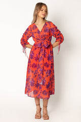 Hallie Midi Floral Dress - Red Wine